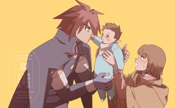 Rule 34 | anna irving, baby, belt, blue pajamas, blush, bob cut, brown hair, cape, cloak, collared cape, dovepopopo, elbow gloves, fingerless gloves, gloves, hair between eyes, highres, hood, hooded cloak, kratos aurion, leggings, lloyd irving, looking at another, medium hair, multiple belts, pajamas, purple belt, purple cape, purple gloves, purple leggings, purple shirt, red eyes, red hair, scarf, shirt, simple background, sleeveless, sleeveless shirt, spoilers, sweat, tales of (series), tales of symphonia, toddler, turtleneck, white scarf, yellow background