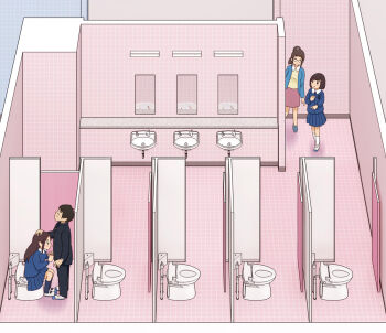 1boy 3girls blue_jacket blue_skirt bra brown_hair handjob hetero jacket kiyo_(kyokyo1220) mirror multiple_girls original pink_bra pleated_skirt public_restroom school_uniform skirt tile_floor tile_wall tiles toilet underwear