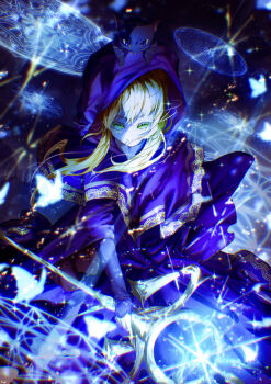 1girl black_cat blonde_hair cat glowing green_eyes highres holding holding_staff light_particles mage_staff magic_circle monica_everett ni_mono sidelocks silent_witch staff