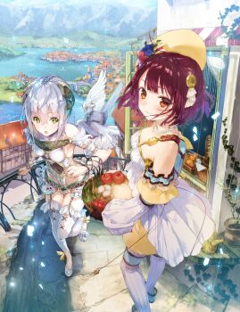 2girls absurdres atelier_(series) atelier_sophie bare_shoulders bird blush breasts brown_eyes brown_hair gloves green_eyes hair_ornament hat highres jewelry lake long_hair looking_at_viewer medium_breasts multiple_girls necklace noco_(adamas) official_alternate_costume official_art open_mouth outdoors plachta purple_hair short_hair skirt smile sophie_neuenmuller sophie_neuenmuller_(new_self) thighhighs town yuugen