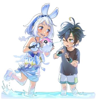 Rule 34 | 1boy, 1girl, aged down, angduuuu (ghost), bandaid, bandaid on cheek, bandaid on face, black gloves, black hair, black shirt, blue hairband, blush, bow, braid, chipped tooth, fingerless gloves, genshin impact, gloves, green eyes, hairband, hashtag-only commentary, holding, kinich (genshin impact), leg up, mualani (genshin impact), multicolored hair, one eye closed, open mouth, red eyes, sandals, shirt, short sleeves, shorts, simple background, sleeveless, teeth, torn clothes, wading, water, white background, white hair