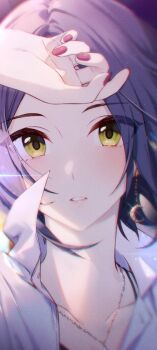 Rule 34 | 1girl, earrings, hayami kanade, idolmaster, idolmaster cinderella girls, jewelry, nail polish, necklace, open mouth, purple nails, shirt, short hair, suspenders, tomari (veryberry00), white shirt