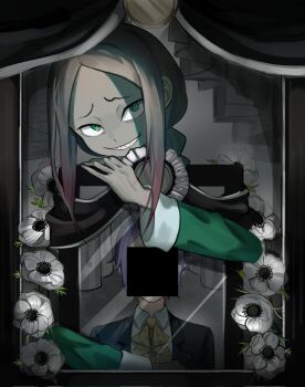 2boys anemone_(flower) ascot bar_censor braid brown_hair censored censored_identity collared_shirt colored_skin curtains evil_grin evil_smile flower green_eyes grey_skin grin highres horror_(theme) jacket joshua_juukulius long_hair long_sleeves looking_at_viewer mikai_(lucialen_56) multiple_boys parted_bangs picture_frame purple_hair re:zero_kara_hajimeru_isekai_seikatsu roy_alphard sharp_teeth shirt short_hair smile symbolism teeth white_flower white_shirt yellow_ascot