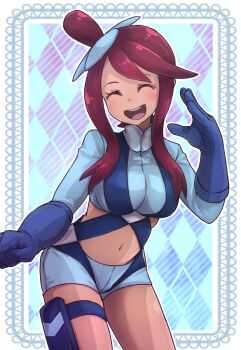Rule 34 | 1girl, blue gloves, blue jacket, blue shorts, breasts, closed eyes, cropped jacket, female focus, gloves, jacket, large breasts, navel, nintendo, open mouth, pokemon, pokemon bw, red hair, short hair, short hair with long locks, shorts, skyla (pokemon), smile, solo, teeth, upper teeth only