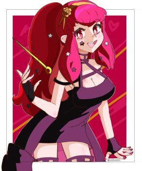 1girl absurdres alternate_costume alternate_hairstyle bare_shoulders black_dress black_gloves breasts cleavage commentary cosplay crossover dress english_commentary fingerless_gloves fingernails fire_emblem fire_emblem_engage gloves hair_ornament highres hoshinokotta large_breasts long_hair looking_at_viewer nintendo open_mouth ponytail red_eyes red_hair red_nails simple_background sleeveless sleeveless_dress smile solo spy_x_family star_(symbol) star_hair_ornament tiara twitter_username yor_briar yor_briar_(cosplay) yunaka_(fire_emblem)