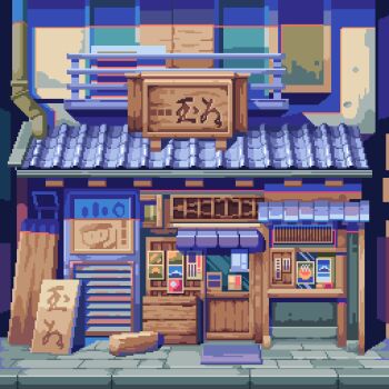 building commentary day door english_commentary highres no_humans original outdoors pixel_art sgampagani shop sidewalk window