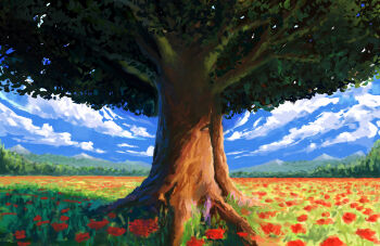 absurdres blue_sky cloud commentary english_commentary highres kasaman_(kasaman95) meadow nature no_humans original plant plant_focus scenery sky summer tree tree_shade