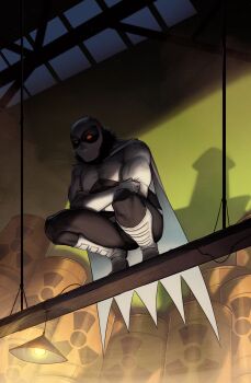 1boy absurdres black_pants boots cape crossed_arms devilhs drum_(container) fur_collar gloves highres indoors light mighty_moth_(devilhs_art) original pants radioactive red_eyes shirt solo squatting superhero_costume tiptoes white_boots white_cape white_gloves white_mask white_shirt