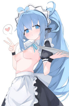 Rule 34 | 1girl, absurdres, apron, blue eyes, blue hair, breasts, commentary request, gu meng yin, heart, highres, long hair, looking at viewer, maid, maid headdress, nipples, original, simple background, solo, speech bubble, spoken heart, tray, white background
