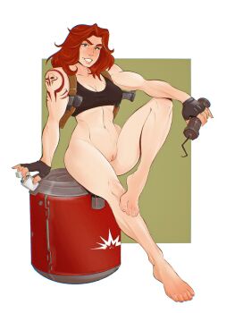 1girl abs black_sports_bra bomb bottomless bra breasts crash_(quake) crazy crazy_eyes crazy_smile crop_top day_of_wrath day_of_wrath_(doom_fanfic) day_of_wrath_(infinitypilot) desert_eagle doom_(series) doom_eternal explosive fingerless_gloves freckles gloves grin gun handgun highres medium_breasts no_panties no_pants non-web_source original pinup_(style) pistol pussy quake_(series) quake_3_arena qwickjoe red_eyes red_hair scar sinister sitting smile smirk smug solo soulbreaker_(day_of_wrath) sports_bra tattoo underwear weapon