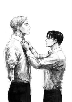 2boys adjusting_clothes adjusting_necktie amputee armless_amputee arms_up closed_mouth collared_shirt commentary english_commentary erwin_smith from_side highres levi_(shingeki_no_kyojin) looking_at_another male_focus multiple_boys necktie pants parted_hair shingeki_no_kyojin shirt shirt_tucked_in short_hair short_sideburns sideburns simple_background standing teggitekki white_background wing_collar