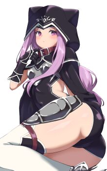 1girl absurdres ass black_cloak blush breasts cloak collar fate/grand_order fate_(series) forehead highres hood hooded_cloak long_hair looking_at_viewer medusa_(fate) medusa_(lancer)_(fate) parted_bangs purple_collar purple_eyes purple_hair rider sidelocks small_breasts solo sushi_no_ikari thighs very_long_hair