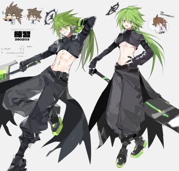 Rule 34 | 1girl, 2boys, abs, absurdres, adjusting hair, ahoge, anmicius, aotu world, aqua eyes, arm up, belt, black belt, black cape, black gloves, black jacket, black pants, black shirt, black shoes, breasts, brown hair, cape, chibi, chibi inset, chinese commentary, chinese text, commentary request, crop top, cropped jacket, dated, dual persona, earrings, eating, food, genderswap, genderswap (mtf), gloves, greatsword, green hair, grey background, grin, groin, hair between eyes, halo, hand in own hair, hand on own hip, highres, holding, holding bread, holding food, holding sword, holding weapon, huge weapon, jacket, jewelry, keoper, long hair, long sleeves, looking at viewer, low ponytail, male focus, midriff, multicolored eyes, multiple boys, multiple rings, multiple views, navel, open mouth, pants, pectorals, pointy ears, ponytail, red eyes, ring, shirt, shoes, simple background, smile, solo focus, speech bubble, standing, standing on one leg, sword, teeth, toned, toned male, underboob, underpec, waist cape, weapon, white shirt, xander (aotu world), yellow eyes