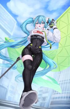 1girl aqua_eyes aqua_hair asymmetrical_legwear black_bodysuit black_gloves black_thighhighs bodysuit commentary_request covered_navel flag from_below full_body gloves goodsmile_company goodsmile_racing hair_between_eyes hair_ornament hatsune_miku highres holding holding_flag jacket kotone_aguli long_hair looking_at_viewer open_mouth outdoors racing_miku racing_miku_(2022) single_thighhigh solo thick_thighs thighhighs thighs twintails vocaloid white_jacket