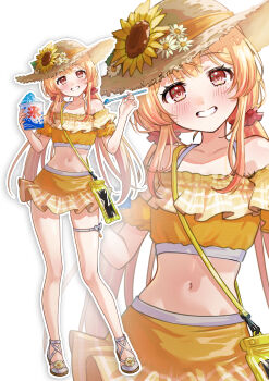 1girl absurdres azusamaru bikini bikini_skirt blonde_hair flower food hashtag-only_commentary hat hat_flower highres holding holding_spoon hololive hololive_dev_is low_twintails navel otonose_kanade red_eyes sandals shaved_ice smile spoon straw_hat sunflower swimsuit twintails virtual_youtuber yellow_bikini