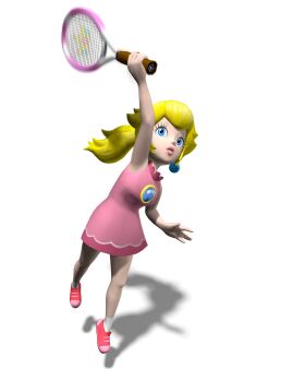 1girl 3d absurdres bare_arms blonde_hair blue_eyes breasts crown dress earrings full_body highres holding holding_tennis_racket jewelry lips long_hair looking_up mario_(series) mario_power_tennis mario_tennis medium_breasts nintendo official_alternate_costume official_alternate_hairstyle official_art ponytail princess_peach shadow shoes sneakers solo tennis_peach tennis_racket transparent_background ||/
