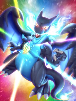 black_skin blue_skin breath_weapon charizard claws colored_skin commentary dragon dragon_tail english_commentary fangs fire flame-tipped_tail gen_1_pokemon glowing glowing_eyes highres horns mega_charizard_x mega_evolution mega_evolution_symbol mega_pokemon multicolored_skin nintendo no_humans no_lineart open_mouth pokemon pokemon_(creature) rainbow red_eyes tail tongue transformation tropicalcyclone two-tone_skin wings
