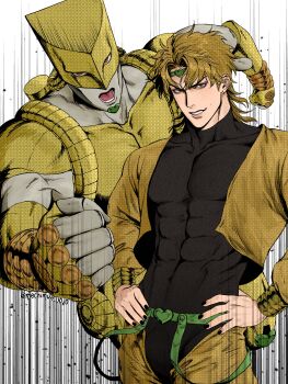 1boy 1other abs absurdres black_nails blonde_hair bulge commentary covered_abs covered_navel covered_pectorals dio_brando hand_on_own_hip hashtag-only_commentary highres incoming_attack incoming_punch jojo_no_kimyou_na_bouken lower_teeth_only male_focus mechimun_jojo muscular muscular_male navel open_mouth pectorals phantom_blood punching red_eyes short_hair stand_(jojo) teeth the_world