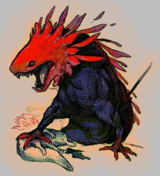 animal_focus black_sclera black_teeth brown_background colored_sclera colored_teeth dated dead_animal full_body green_outline highres izz_owooo monster no_humans open_mouth outline rain_world red_lizard_(rain_world) sharp_teeth signature simple_background slugcat teeth x_x yellow_eyes