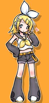 1girl belt blonde_hair blue_eyes blush bow detached_sleeves drawpile_(medium) drop_shadow full_body hair_bow hair_ornament hairclip headphones headset kagamine_rin leg_warmers looking_at_viewer neckerchief negiwave2000 open_mouth orange_background paint_chat_(medium) parallel_hairclips sailor_collar shirt short_hair shorts simple_background solo standing treble_clef vocaloid white_bow yellow_belt yellow_neckerchief