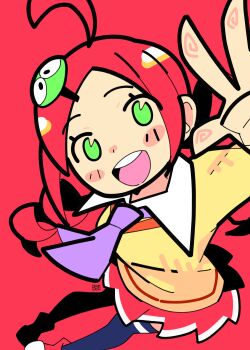 :d absurdres ahoge andou_ringo apple ascot black_socks blob bourbunbun character_hair_ornament drill_hair food fruit green_eyes hair_ornament highres open_mouth purple_ascot puyopuyo red_hair red_shoes red_skirt shoes skirt smile socks sweater_vest twin_drills v yellow_sweater_vest