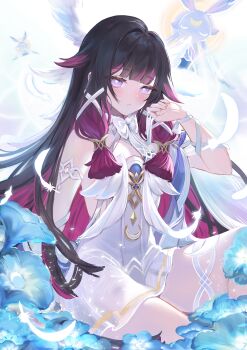 1girl absurdres angel_wings blue_flower blunt_bangs blush closed_mouth columbina_(genshin_impact) commentary_request dan_gan dress falling_feathers feathered_wings feathers flower genshin_impact gradient_hair hair_ribbon head_wings highres long_hair long_sidelocks looking_at_viewer luonnotar_(genshin_impact) multicolored_hair multiple_wings pink_eyes pink_hair ribbon sidelocks sitting very_long_hair white_dress white_feathers white_ribbon white_wings wings wrist_ribbon
