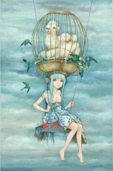 barefoot blue_hair breasts cage camel camilla_d'errico crying crying_with_eyes_open feet helmet nipples on_swing original painting_(medium) pale_skin sitting surreal swing tears traditional_media