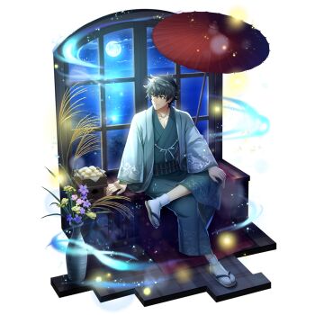1boy artist_request aura black_hair cloud cloudy_sky collarbone crossed_legs dark_skin flower flower_request food full_body full_moon game_cg green_eyes green_kimono green_sash hair_between_eyes indoors iwatani_naofumi japanese_clothes kimono light_particles long_sleeves looking_to_the_side male_focus messy_hair mochi moon night obijime ocean official_art oil-paper_umbrella purple_flower red_umbrella sandals sash short_hair sidelocks simple_background sitting sky solo star_(sky) starry_sky tate_no_yuusha_no_nariagari tate_no_yuusha_no_nariagari_rerise transparent_background umbrella vase wide_sleeves window wooden_floor yellow_flower zouri