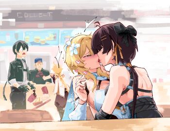 2girls 3boys aether_(genshin_impact) aura bare_shoulders baseball_cap beruangputih80 black_gloves black_hair blonde_hair blue_hat blush breast_press breasts brother_and_sister brown_hair cleavage commentary crossover dress english_commentary female_rover_(wuthering_waves) flower french_kiss genshin_impact gloves hair_flower hair_ornament half-closed_eyes hat heart heart-shaped_pupils highres indoors kiss long_hair lumine_(genshin_impact) male_rover_(wuthering_waves) multiple_boys multiple_girls ponytail rover_(wuthering_waves) saliva shoulder_blades siblings symbol-shaped_pupils symmetrical_docking tongue tongue_out white_dress white_flower wuthering_waves yuri