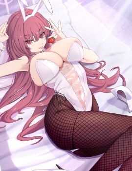Rule 34 | 1girl, absurdres, alternate breast size (larger), animal ears, areola slip, breasts, brown hair, brown pantyhose, commentary request, covered navel, detached collar, fake animal ears, fate/grand order, fate (series), fishnet pantyhose, fishnets, food, fruit, highleg, highleg leotard, highres, holding, holding food, holding fruit, huge breasts, leotard, long hair, lying, notonaon, on back, on bed, pantyhose, playboy bunny, rabbit ears, red eyes, scathach (fate), solo, strapless, strapless leotard, strawberry, tongue, tongue out, translucent bunnysuit, white leotard, wrist cuffs