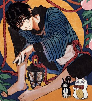 Rule 34 | 1boy, barefoot, black hair, black hoodie, dekin no mogura, hood, hoodie, japanese clothes, kimono, lantern, male focus, mogura momoyuki, sanomaru yuruta, sitting, smile, solo, striped clothes, striped kimono