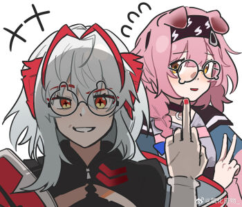 +++ 2girls animal_ears antenna_hair arknights bespectacled black-framed_eyewear black_choker black_hairband black_shirt blush braid cat_ears cat_girl choker demon_girl demon_horns flying_sweatdrops glasses goldenglow_(arknights) grey_hair grey_jacket grin hair_ornament hairband hairclip hand_up highres horns jacket lightning_bolt_print long_hair looking_at_viewer middle_finger multicolored_jacket multiple_girls nail_polish open_clothes open_jacket parted_lips pink_hair pink_jacket portrait raised_eyebrow red_eyes red_jacket red_nails round_eyewear shirt side_braid simple_background smile teardrop-framed_glasses two-tone_jacket v w_(arknights) watermark weibo_watermark white_background wis&#039;adel_(arknights) wwfo_2 yellow_eyes