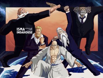 5boys artist_name bald beard birthmark black_necktie black_suit blonde_hair blue_suit clenched_hands closed_mouth dragon_ball dreadlocks earth_(planet) ethan-baron_v._nusjuro facial_hair formal_clothes ginyu_force_pose glasses grey_hair highres holding_own_wrist ismaindahouse jaygarcia_saturn long_hair looking_at_viewer male_focus marcus_mars medium_hair multiple_boys mustache necktie one_piece open_clothes open_mouth planet purple_necktie robe scar scar_across_eye scar_on_chest scar_on_face scene_reference serious shepherd_ju_peter shirt short_hair suit thick_mustache topman_warcury white_hair white_robe white_shirt