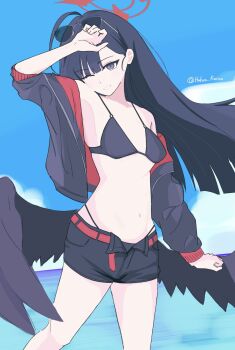 Rule 34 | 1girl, belt, bikini, bikini bottom under shorts, bikini under clothes, black bikini, black jacket, black shorts, black wings, blue archive, blush, breasts, eyewear on head, feathered wings, halo, hashtag-only commentary, highleg, highleg bikini, highres, hukuro kasiwa, ichika (blue archive), ichika (swimsuit) (blue archive), jacket, long hair, navel, ocean, off shoulder, official alternate costume, one eye closed, open clothes, open jacket, open shorts, red belt, red halo, shorts, sky, small breasts, solo, sunglasses, swimsuit, thighs, wings