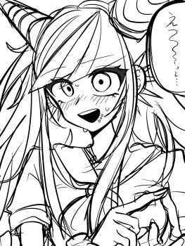 Rule 34 | 1girl, :d, blush, breasts, danganronpa (series), danganronpa 2: goodbye despair, ear piercing, face piercing, greyscale, hair horns, haiyang shengwu, hands up, highres, long hair, medium breasts, mioda ibuki, monochrome, mouth piercing, neckerchief, open mouth, piercing, sailor collar, short sleeves, smile, solo, speech bubble, sweat, teeth, upper teeth only