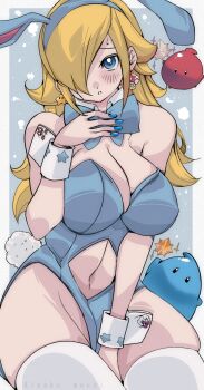 1girl absurdres animal_ears blonde_hair blue_background blue_bow blue_bowtie blue_eyes blue_leotard blue_nails blush boo_(mario) bow bowtie breasts candy character_print cleavage clothing_cutout detached_collar earrings embarrassed fake_animal_ears fake_tail food goomba hair_over_one_eye hand_on_own_chest highres jewelry kinakomochi_(user_vedc2333) konpeitou large_breasts leotard long_hair looking_at_viewer luma_(mario) mario_(series) mismatched_earrings mushroom_earrings navel navel_cutout nintendo open_mouth playboy_bunny print_wrist_cuffs rabbit_ears rabbit_tail rosalina sitting sparkle star_(symbol) star_bit star_earrings star_print super_mario_galaxy super_mushroom super_star super_star_(mario) sweat tail white_background wrist_cuffs