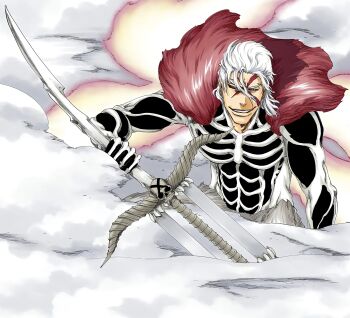 Rule 34 | 1boy, bleach, colored eyelashes, energy wings, facial mark, fur trim, ginjou kuugo, grin, holding, holding weapon, kubo tite, looking at viewer, male focus, official art, skeleton print, smile, smoke, sword, teeth, upper body, weapon, white eyes, white hair, zweihander