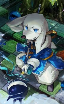 1boy babus_swain blue_eyes blue_shirt blush clenched_teeth earrings final_fantasy final_fantasy_tactics_advance hashtag-only_commentary highres holding holding_staff jewelry male_focus nu_mou pants shirt single_earring staff sweat teeth waahurikya white_pants