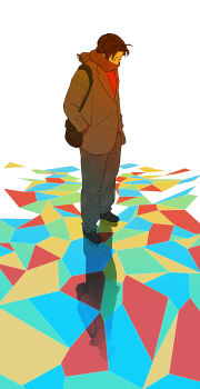 1boy bag black_pants black_shoes brown_coat brown_hair closed_eyes coat commentary_request full_body handbag highres ishigami_tetsuya male_focus pants red_shirt reflective_floor scarf scarf_over_mouth shirt shoes skyfiss solo yougisha_x_no_kenshin