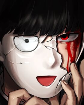 Rule 34 | 1boy, arms up, black hair, blood, blood on face, blunt bangs, broken mask, collared shirt, cracked kawaii mask, cracked mask, hand on own face, hashtag-only commentary, highres, kageyama shigeo, looking at viewer, male focus, mask, mob psycho 100, open mouth, portrait, red eyes, riso0755, shirt, short hair, solo