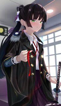 Rule 34 | 1girl, absurdres, black hair, black jacket, blunt bangs, blunt ends, blush, buttons, closed mouth, collared jacket, collared shirt, commentary, cowboy shot, day, double-breasted, eyelashes, furrowed brow, green eyes, hair ribbon, heaven burns red, high-waist skirt, highres, hime cut, holding, holding sword, holding weapon, indoors, jacket, katana, lilyhoney, long hair, long sleeves, looking at viewer, natsume inori, neck ribbon, open clothes, open jacket, pleated skirt, ponytail, purple ribbon, purple skirt, red ribbon, ribbon, shirt, sidelocks, skirt, solo, split mouth, sword, tsurime, undressing, very long hair, weapon, white shirt, wide sleeves, window