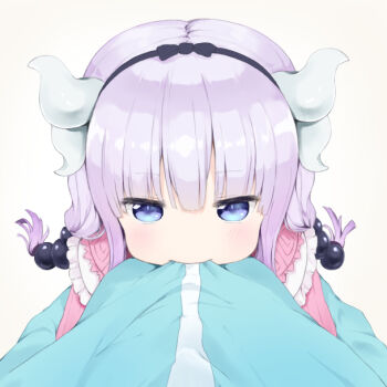 10s 2girls biting biting_clothes blue_eyes blue_shirt blush closed_mouth dragon_girl dragon_horns female_pov from_above hair_ornament hairband horns hug kanna_kamui kobayashi-san_chi_no_maidragon kobayashi_(maidragon) light_purple_hair long_hair low_twintails multiple_girls pov pov_hug sagoshi shirt simple_background solo_focus sphere_hair_ornament twintails white_background