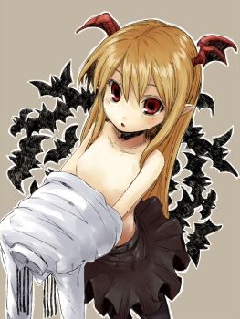 10s 1girl bat_(animal) blonde_hair female_focus flat_chest granblue_fantasy head_wings loli long_hair nipples ofuro_mantarou open_mouth pantyhose red_eyes shingeki_no_bahamut skirt solo topless_female undressing vampire vampy wings