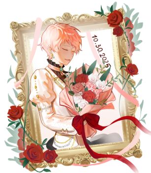 1boy absurdres bouquet bow closed_eyes dated earrings ensemble_stars! flower highres holding holding_bouquet itsuki_shu jewelry long_sleeves male_focus mikai_(lucialen_56) official_alternate_costume open_mouth picture_frame pink_flower pink_hair pink_ribbon pink_rose raison_d&#039;etre_(ensemble_stars!) red_bow red_flower red_rose ribbon rose short_hair smile solo white_background white_flower white_rose