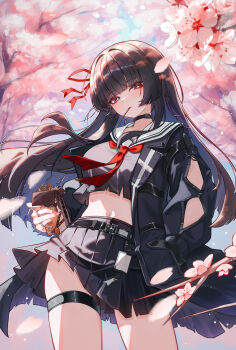 1girl absurdres black_choker black_hair black_shirt black_skirt breasts cherry_blossoms chisa_(wuthering_waves) choker commentary hair_ribbon highres long_hair long_sleeves looking_at_viewer midriff navel neckerchief red_eyes red_neckerchief red_ribbon ribbon sailor_collar school_uniform serafuku shirt skirt solo white_sailor_collar wonni_(user_fafu7345) wuthering_waves