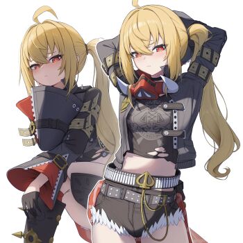 1girl ahoge arms_behind_head arms_up black_gloves black_jacket black_shirt black_shorts blonde_hair breasts closed_mouth commentary_request fur-trimmed_shorts fur_trim gloves hair_between_eyes half_gloves highres icetea_art jacket long_hair looking_at_viewer luciana_de_montefio mask mask_around_neck micro_shorts midriff multiple_views paid_reward_available parted_lips partial_commentary red_eyes respirator shirt shorts side_ponytail simple_background small_breasts sparkling_eyes spiked_jacket torn_clothes torn_shirt white_background zenless_zone_zero