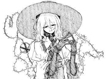Rule 34 | 1girl, black eyes, bow, bowtie, buttons, diamond button, elbow gloves, frilled shirt collar, frilled sleeves, frills, gloves, greyscale, hat, heart, heart of string, highres, komeiji koishi, monochrome, narurichan, puffy sleeves, smile, third eye, touhou