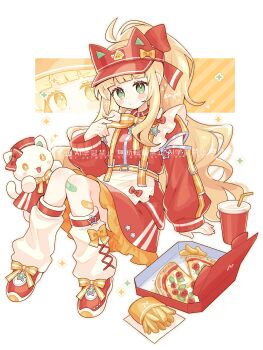 1girl absurdres ahoge bandaid bandaid_on_knee bandaid_on_leg blonde_hair blunt_bangs blush bow bowtie cat closed_mouth commentary_request cup diagonal-striped_background disposable_cup drinking_straw food footwear_bow french_fries frilled_skirt frills full_body green_eyes hand_up hat highres jacket long_hair long_sleeves orange_bow orange_bowtie original pizza pizza_box ponytail red_hat red_jacket red_shoes red_skirt saijo1201 shoes skirt socks solo striped_background striped_bow striped_bowtie striped_clothes striped_skirt track_jacket vertical-striped_clothes vertical-striped_skirt visor_cap watermark white_socks
