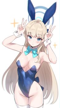 1girl absurdres animal_ears aqua_bow aqua_bowtie armpits arms_up bare_shoulders blonde_hair blue_archive blue_eyes blue_leotard blush bow bowtie breasts breasts_apart covered_navel detached_collar double_v groin halo highres kumarang leotard long_hair looking_at_viewer medium_breasts official_alternate_costume playboy_bunny plunging_neckline rabbit_ears simple_background solo sparkle straight_hair thighhighs toki_(blue_archive) toki_(bunny)_(blue_archive) v very_long_hair white_background white_thighhighs wrist_cuffs