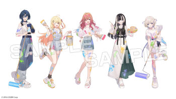 5girls :d ;d ahoge alternate_costume belt black_belt black_hair black_socks black_tank_top blonde_hair blue_eyes blue_hair blue_overalls blue_skirt blunt_bangs brown_eyes bucket choker colored_inner_hair copyright_notice denim denim_overalls dress eyewear_on_head fortissimo frilled_dress frills gradient_hair grey_hair grin hair_ornament hair_ribbon hairclip hand_on_own_hip high_heels highres hime_cut hiodoshi_ao holding holding_bucket holding_paint_roller holding_paintbrush hololive hololive_dev_is ichijou_ririka jeans juufuutei_raden layered_dress long_hair long_shirt looking_at_viewer medium_hair multicolored_hair multiple_girls musical_note musical_note_hair_ornament off-shoulder_shirt off_shoulder official_art one_eye_closed one_side_up open_mouth orange_eyes orange_hair otonose_kanade overall_shorts overalls paint_can paint_on_body paint_on_clothes paint_roller paint_splatter paintbrush pants pencil_skirt pink-tinted_eyewear pink_hair platform_footwear purple_eyes purple_hair red_ribbon regloss_(hololive) ribbon sample_watermark shirt shoes short_hair shugao sidelocks simple_background skirt slippers smile sneakers socks straight_hair streaked_hair sunglasses swept_bangs t-shirt tank_top tinted_eyewear todoroki_hajime toeless_footwear toes two-tone_hair two_side_up virtual_youtuber watermark white_background white_dress white_footwear white_shirt wolf_cut